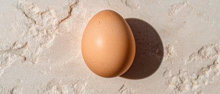 Close-up of a single brown chicken egg on a textured backgroundの素材
