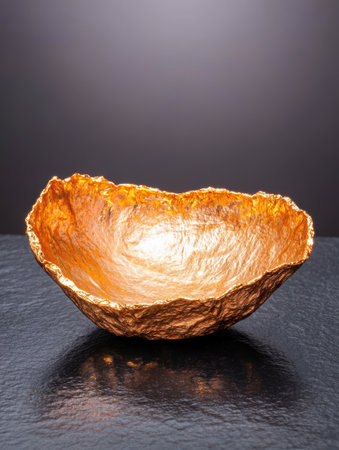 Crumpled golden foil bowl on dark surfaceの素材