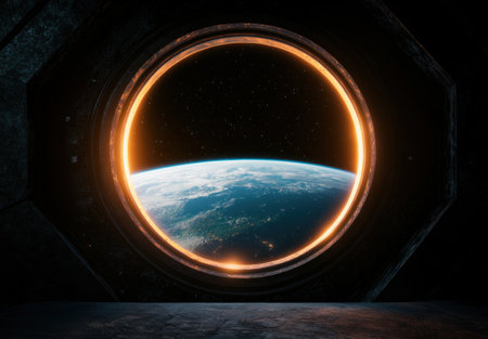 view of the earth from space through a circular windowの素材