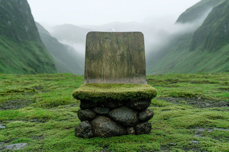 Mossy stone chair in a misty mountain landscapeの素材