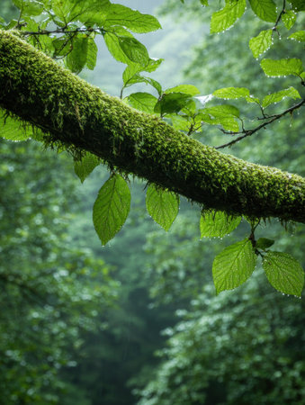 Lush green forest scene with moss-covered branchの素材