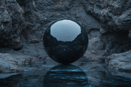 Starry night sky reflected in a glass sphereの素材