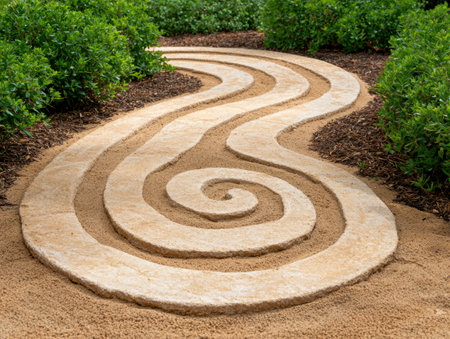 Winding garden path with spiral designの素材