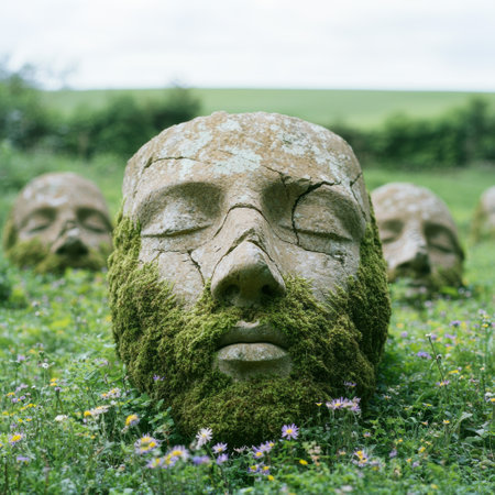 Mysterious stone face in a lush meadowの素材