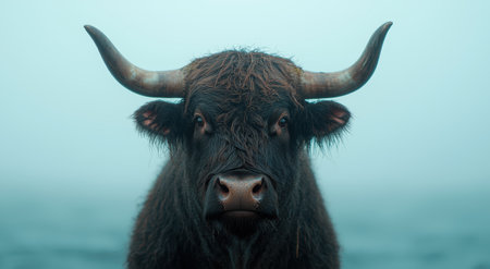 close-up portrait of a shaggy highland cowの素材