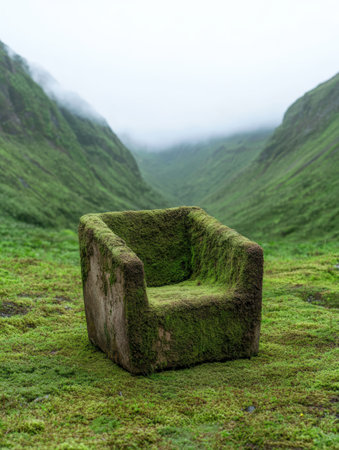 Moss-covered chair in lush green valleyの素材