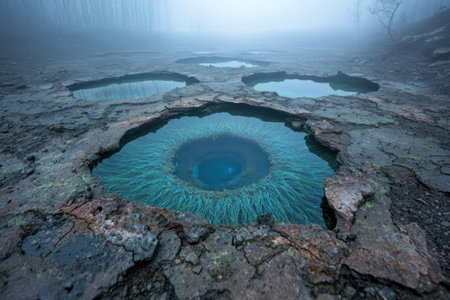 Mystical turquoise pools in a misty landscapeの素材