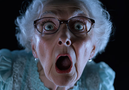 Surprised elderly woman with wide open mouthの素材