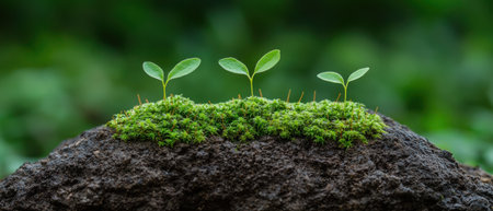Sprouting seedlings growing on moss-covered rockの素材