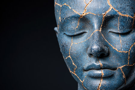 Closeup of a cracked and weathered stone buddha faceの素材