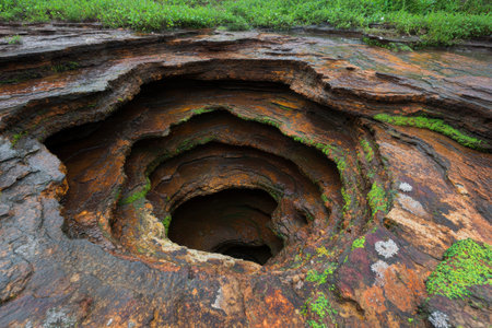 Colorful rock formations and moss in a natural streamの素材