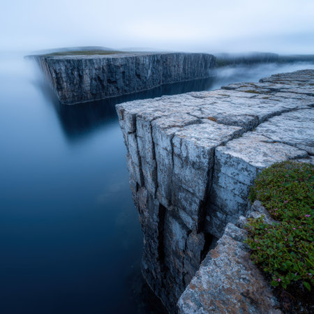 Dramatic rocky cliffs overlooking a misty fjordの素材