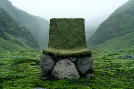 Moss-covered stone chair in misty mountain landscapeの素材