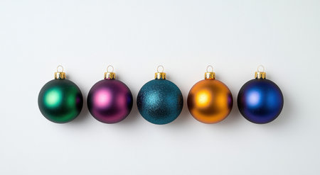 Colorful christmas ornaments on white backgroundの素材