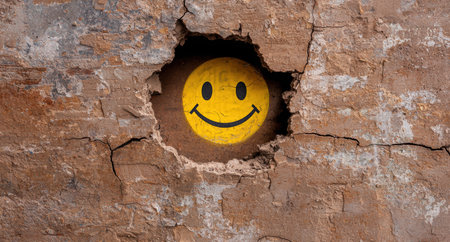 Cheerful smiley face peeking through cracked wallの素材