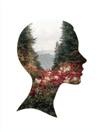 serene mountain landscape with blooming flowersの素材