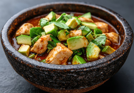 Spicy chicken and vegetable stew in a rustic bowlの素材