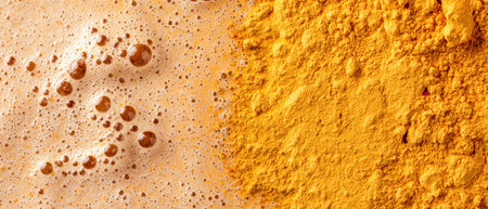 Close-up of vibrant yellow spice powder with bubblesの素材
