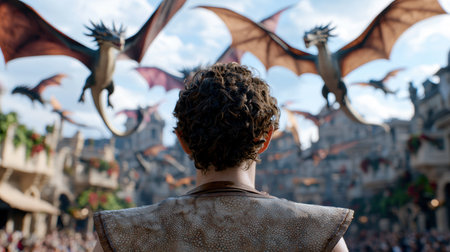 person facing mythical creatures in fantasy worldの素材