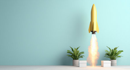 Rocket launch with plants in foregroundの素材
