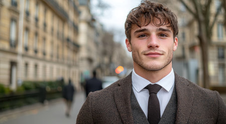 young professional in suit and tie on city streetの素材