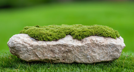 Moss-covered rock in a lush green fieldの素材