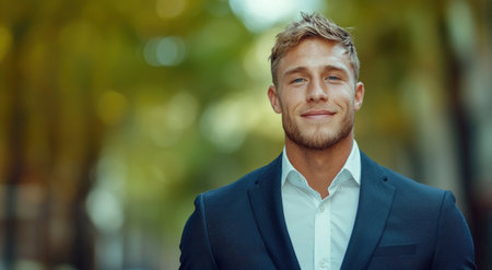 confident businessman smiling in natureの素材