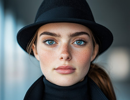 Mysterious woman with striking blue eyesの素材