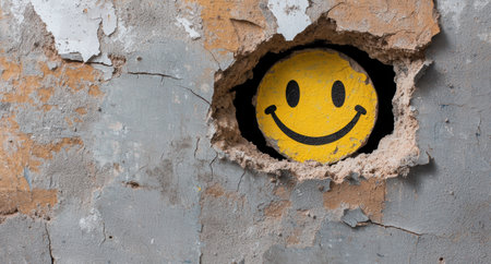 Cheerful smiley face graffiti on cracked wallの素材