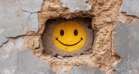 Smiling face in cracked wallの素材