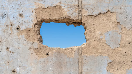 Cracked concrete wall with blue skyの素材
