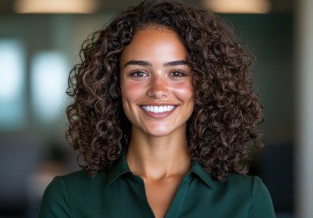 Smiling woman with curly hairの素材
