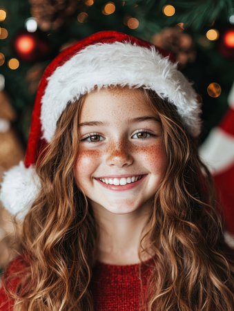 smiling girl in santa hat with christmas lightsの素材