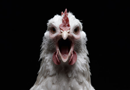 Close-up of a white chicken with an open beakの素材