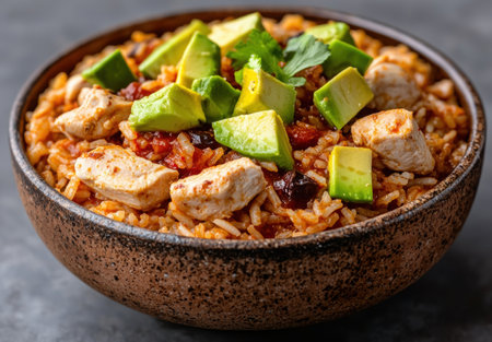 Delicious Mexican rice and chicken dish with avocadoの素材