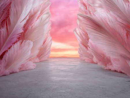 Surreal pink feather tunnel with sunset viewの素材