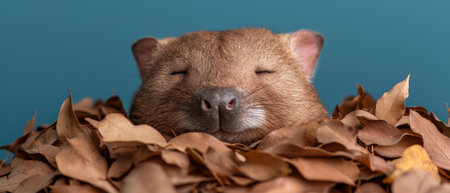 Cute sleeping otter in autumn leavesの素材