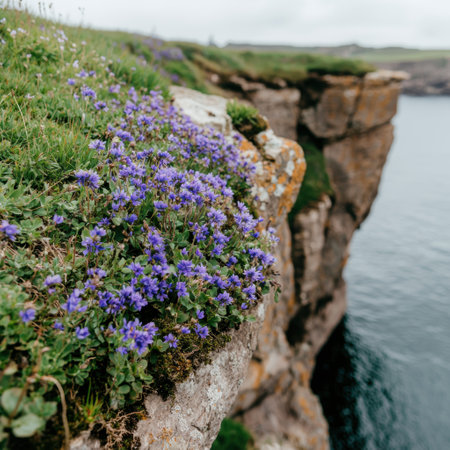 Vibrant purple flowers blooming on rocky coastal cliffの素材