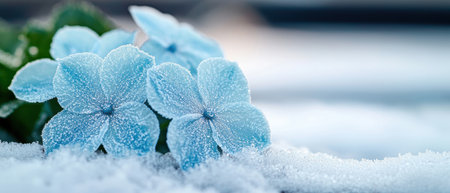 Delicate blue flowers covered in frost and snowの素材