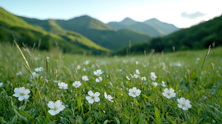 Scenic mountain meadow with white flowersの素材