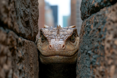 Close-up of a reptilian creature peering out from between rocksの素材