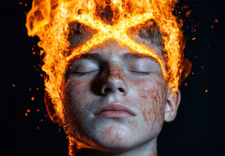 Fiery portrait of a person with eyes closedの素材