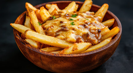 cheesy french fries in wooden bowlの素材