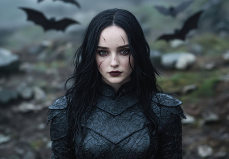 dark gothic woman with bats in the backgroundの素材