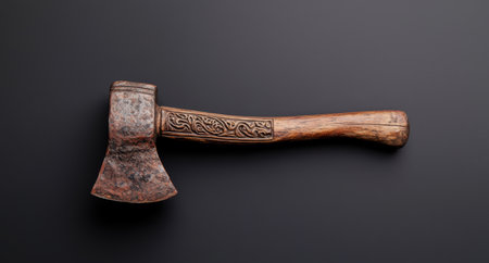 Ornate antique axe with carved handleの素材