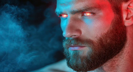 intense man with glowing eyes and beard in smoky atmosphereの素材