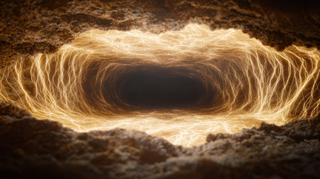 Glowing energy tunnel in dark caveの素材