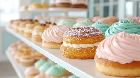Delicious assortment of freshly baked pastries and dessertsの素材