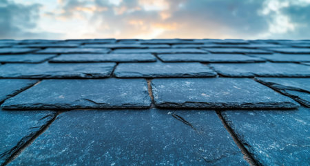 Cracked stone tiles on a body of water at sunsetの素材