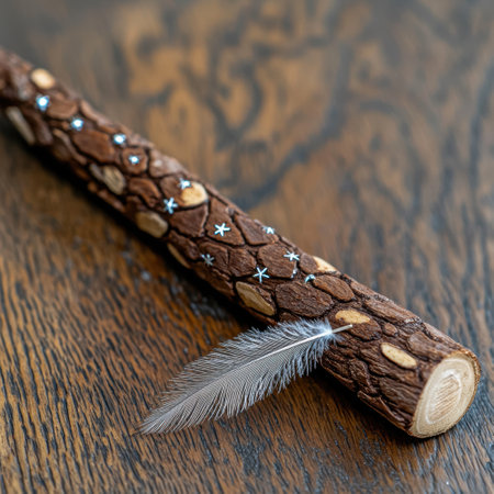 Rustic wooden stick with feather on tableの素材